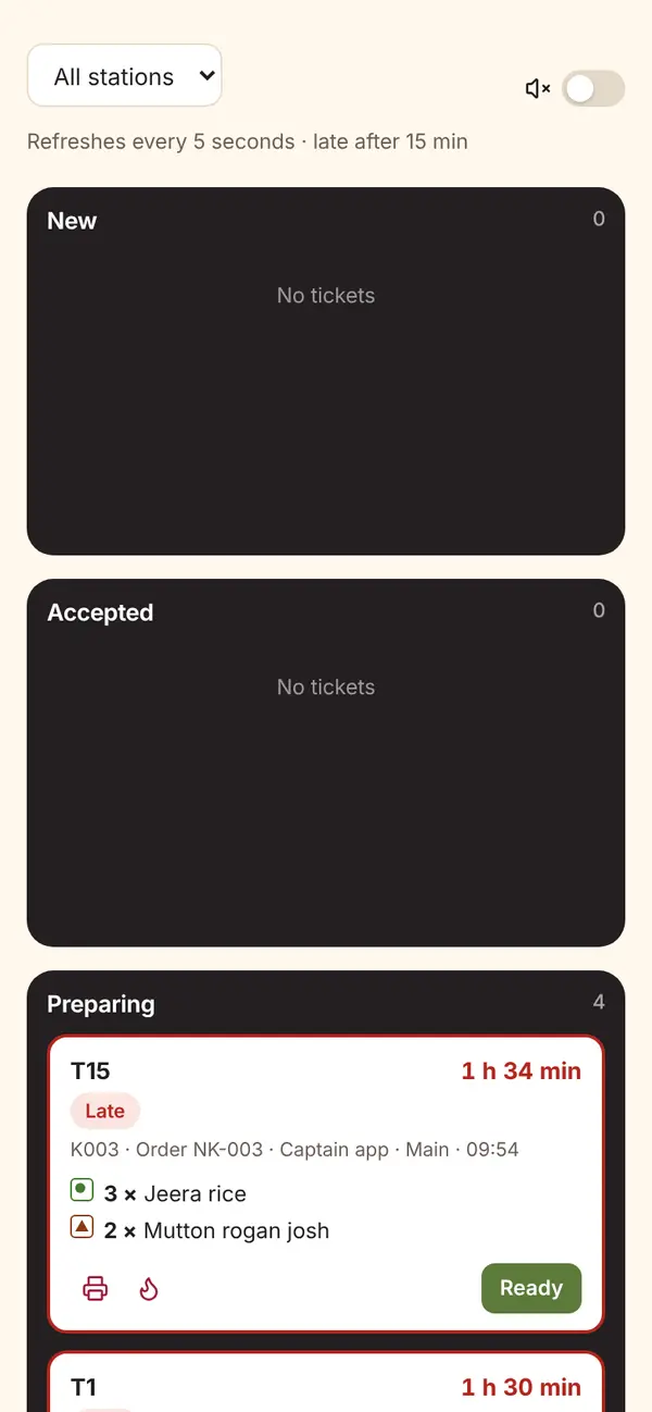 Kitchen display with tickets grouped by new, accepted, preparing and ready